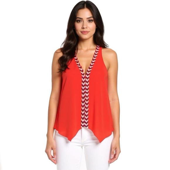 Parker Tops - Parker Womens Silk Tank Top Beaded Orange Size XS Asymmetric Hem Boho Resortwear